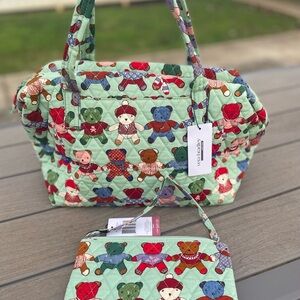 Vera Bradley Green Quilted Teddy Bear Bag and wristlet